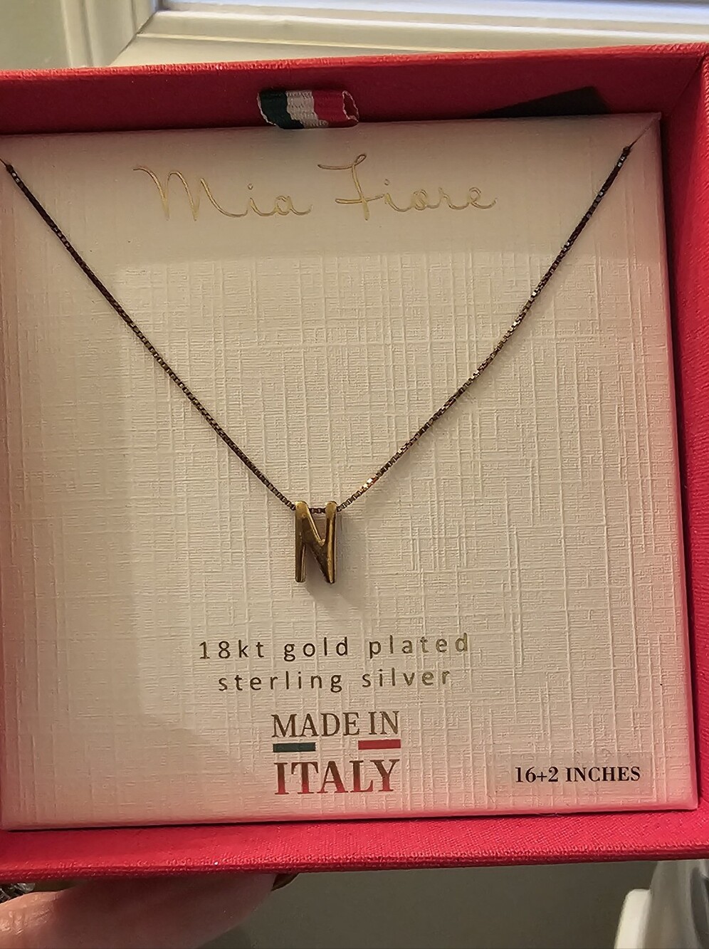 18kt Gold Plated Sterling Silver 'N' Pendant Necklace - Gold